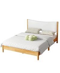 Streamdale Queen Size Solid Rubber Wood Bed with Boucle Headboard, Beech White