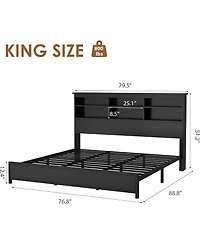 gaomon King Size Bed Frame with Bookcase Headboard, 2-Tier Storage Platform Bed with Usb Charging Station, No Box Spring Needed, Easy Assembly