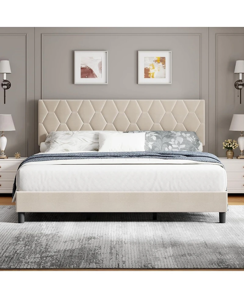 Gaomon Upholstered Bed with Adjustable Headboard, Heavy-Duty Platform Frame, Strong Wood Slats, Noise-Free, No Box Spring Required