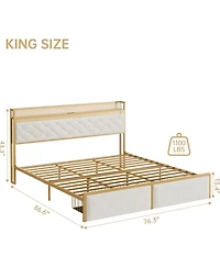 gaomon Velvet Upholstered Platform Bed Frame with Curved Button-Tufted Headboard, Golden Base and Sturdy Wood Slat Support