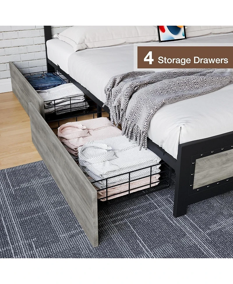 gaomon Bed Frame with Four Storage Drawers and Charging Station, Riveted Headboard Platform Metal Slat Frame, No Box Spring Required