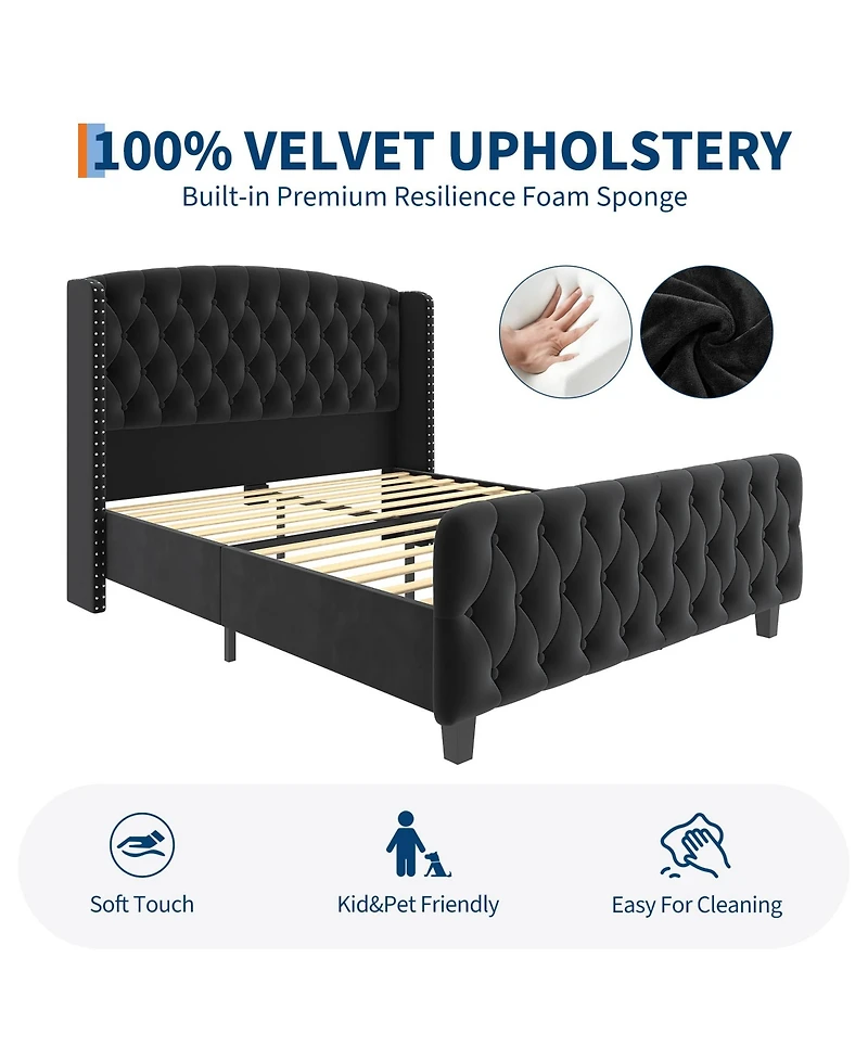 Gaomon Bed Frame with Deep Button Tufted Wingback Headboard and Footboard, Velvet Upholstered Platform Frame, No Box Spring