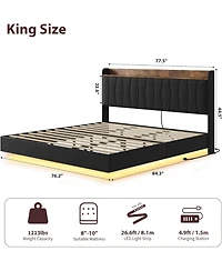 gaomon Floating Bed Frame with Led Lights & Usb Charging – Modern Upholstered Platform Headboard, Solid Wood Slats, No Box Spring