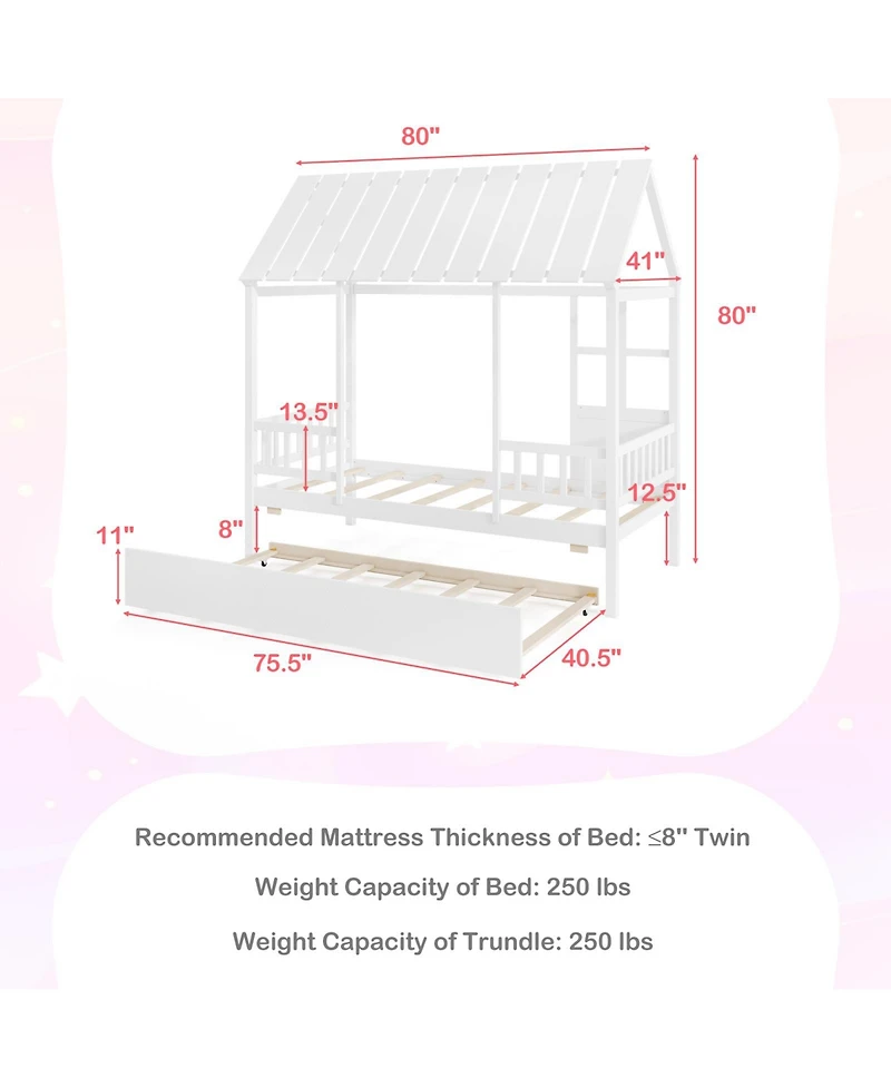Gymax Twin Size House Bed w/ Trundle Roof Window & Safety Guardrails Slats Support