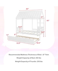 Gymax Twin Size House Bed w/ Trundle Roof Window & Safety Guardrails Slats Support