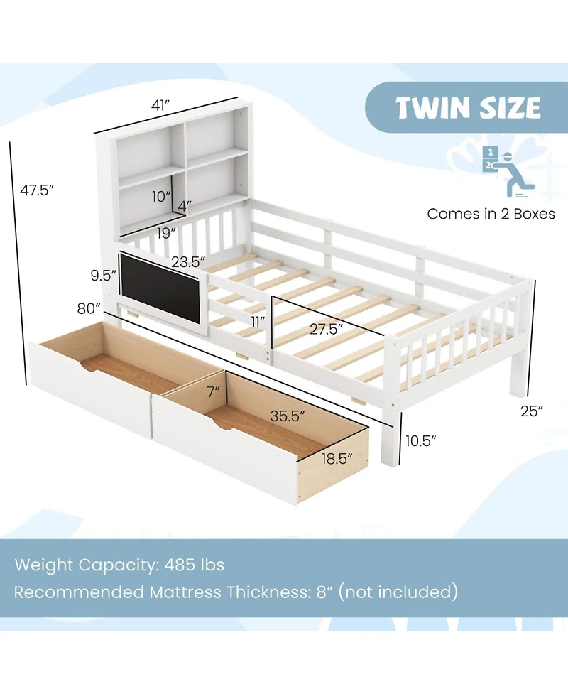 Slickblue Wooden Built-In Bookcase, 2 Storage Drawers, Guardrails, Durable Design Storage Bed
