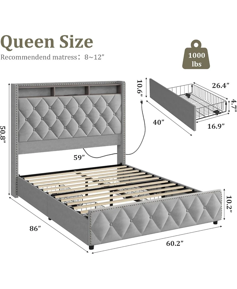gaomon Queen Size Velvet Bed Frame with 51" Tall Headboard, 4 Storage Drawers, Usb, Led Lights, Grey