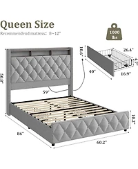 gaomon Queen Size Velvet Bed Frame with 51" Tall Headboard, 4 Storage Drawers, Usb, Led Lights, Grey