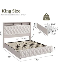 gaomon King Size Velvet Bed Frame with 51" Tall Headboard, 4 Storage Drawers, Usb, Led Lights