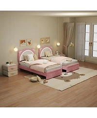 gaomon Twin Kids Upholstered Platform Bed Frame with Adjustable Headboard, Drawer, Led Light, Wood Slats, No Box Spring, Pink