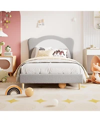 gaomon Twin Size Kids Upholstered with Adjustable Scallop Velvet Headboard, Princess Platform, Bed Frame