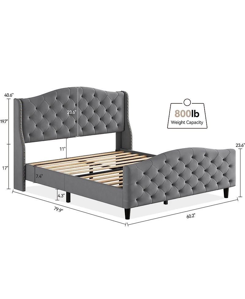 gaomon Queen Bed Velvet Frame with Wingback Headboard Nailhead Trim Sleigh Platform Wooden Slats