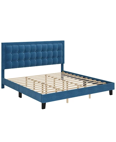 gaomon King Size Square Platform Bed Frame Blue Metal Design Wood Slat Support No Box Spring