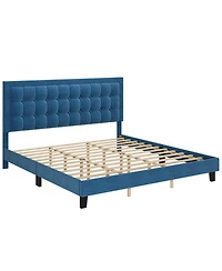 gaomon King Size Square Platform Bed Frame Blue Metal Design Wood Slat Support No Box Spring