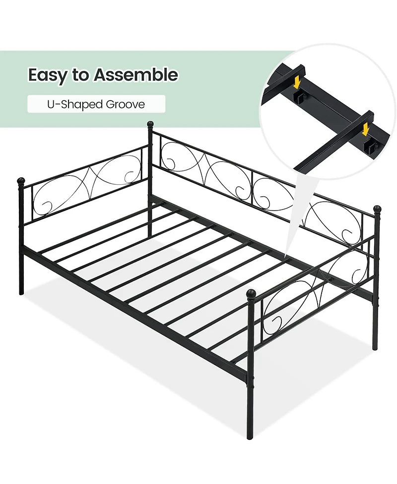 gaomon Twin Daybed with Trundle Metal Bed Floral Headboard Steel Slats Pull-Out Sofa White