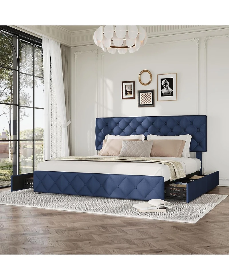 gaomon King Size Platform Bed Frame Adjustable Headboard 4 Drawers Modern Grey Upholstered with Footboard Wood Slats