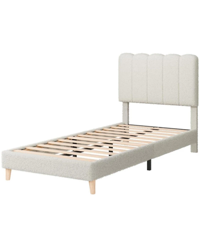 gaomon Twin Xl Bed Frame Boucle Upholstered Wave Headboard Low Profile Kids Girls Boys Wooden Slats No Box Spring Beige