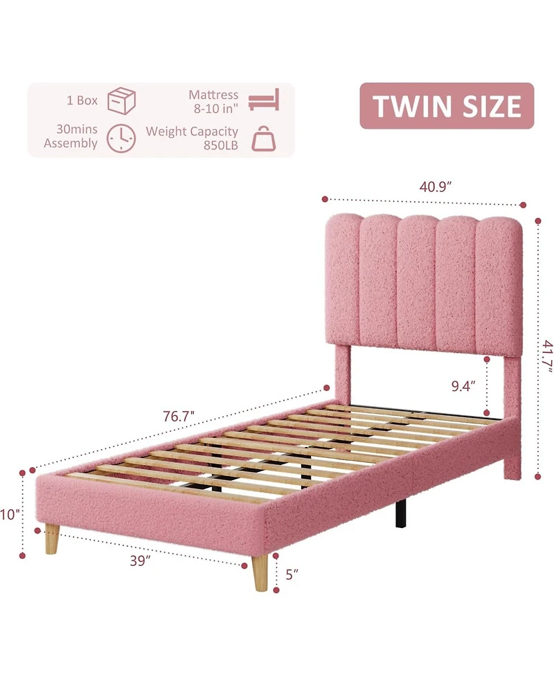 gaomon Twin Bed Frame Boucle Upholstered Wave Headboard Girls Kids Wooden Slats No Box Spring Light Pink