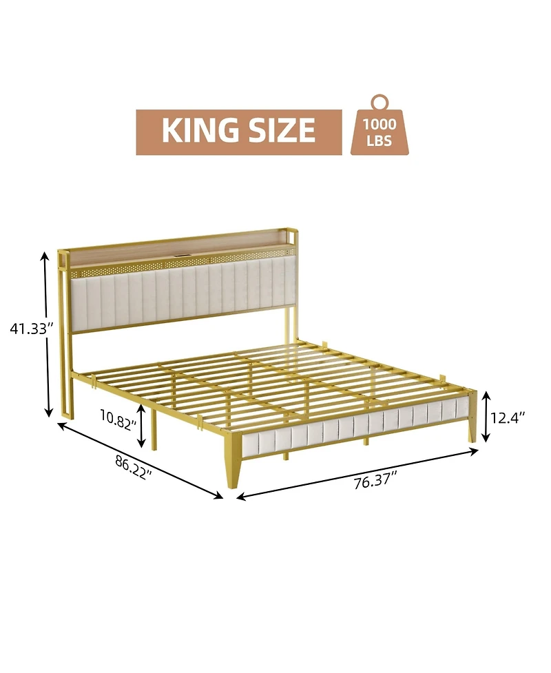 King Bed Frame with Storage Headboard Led Platform Bed Charging Station Easy Assembly White