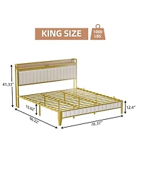 King Bed Frame with Storage Headboard Led Platform Bed Charging Station Easy Assembly White