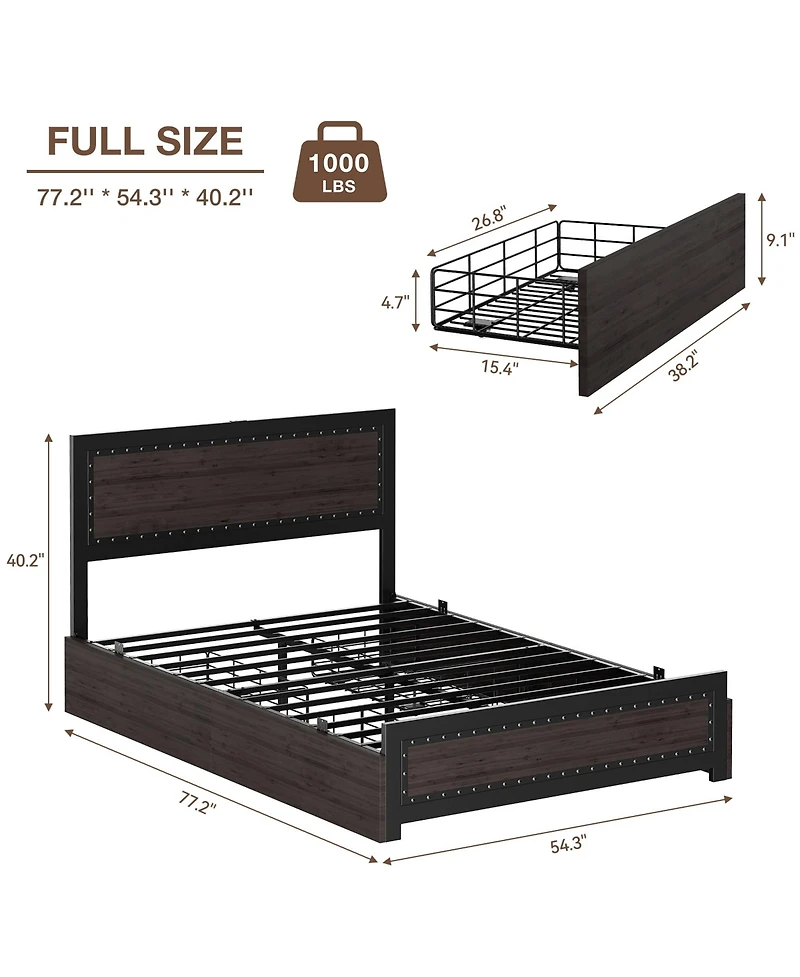 Gaomon Full Bed Frame with Headboard Industrial Platform Charging Station 4 Storage Drawers Metal Slats Dark Grey