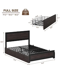 Gaomon Full Bed Frame with Headboard Industrial Platform Charging Station 4 Storage Drawers Metal Slats Dark Grey