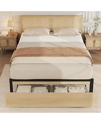 gaomon King Size Rattan Bed Frame with Wood Headboard, 2 Storage Drawers, Rgb Led Lights, Boho Platform, No Box Spring, Natural