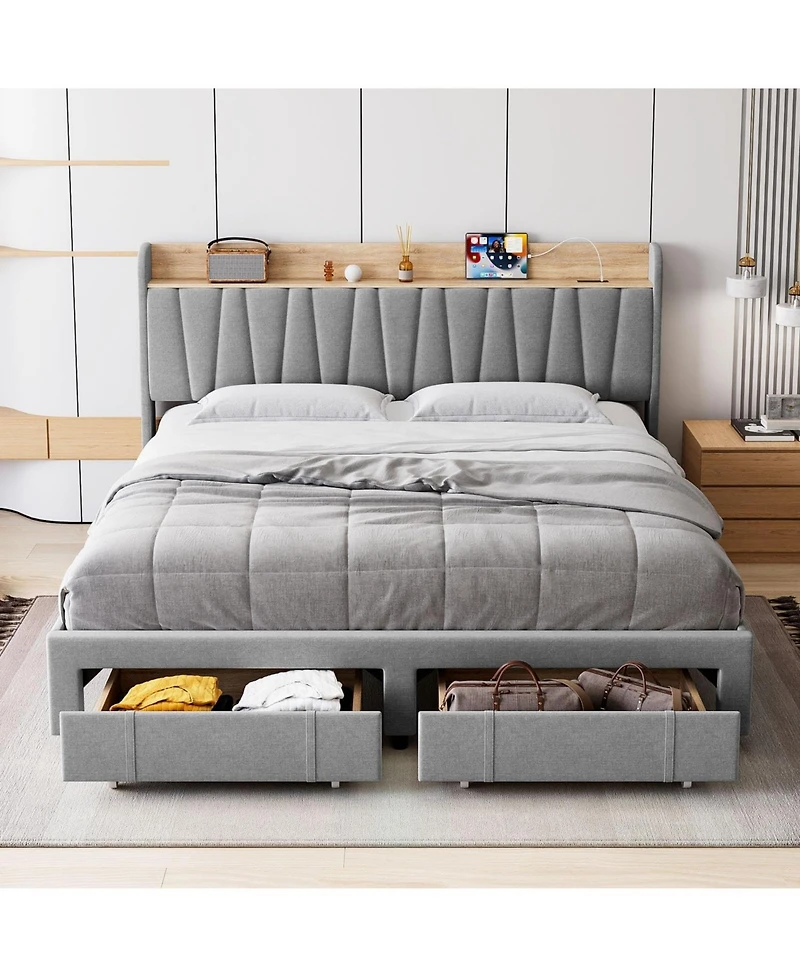gaomon Full Size Bed Frame Storage Headboard Upholstered Platform Drawers Charging Station Noise Free No Box Spring Light Grey