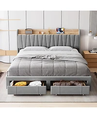 gaomon Full Size Bed Frame Storage Headboard Upholstered Platform Drawers Charging Station Noise Free No Box Spring Light Grey