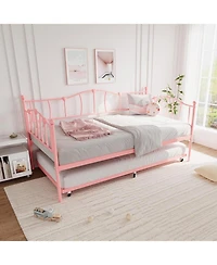 gaomon Metal Twin Daybed with Trundle Pullout Trundle Headboard Sofa Bed Steel Slat Support Living Room Bedroom
