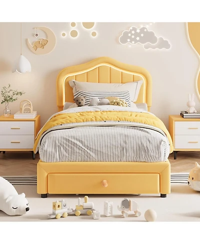 gaomon Twin Upholstered Bed Frame Storage Drawer Smart Led Headboard Platform for Kids Wooden Slats No Box Spring Yellow