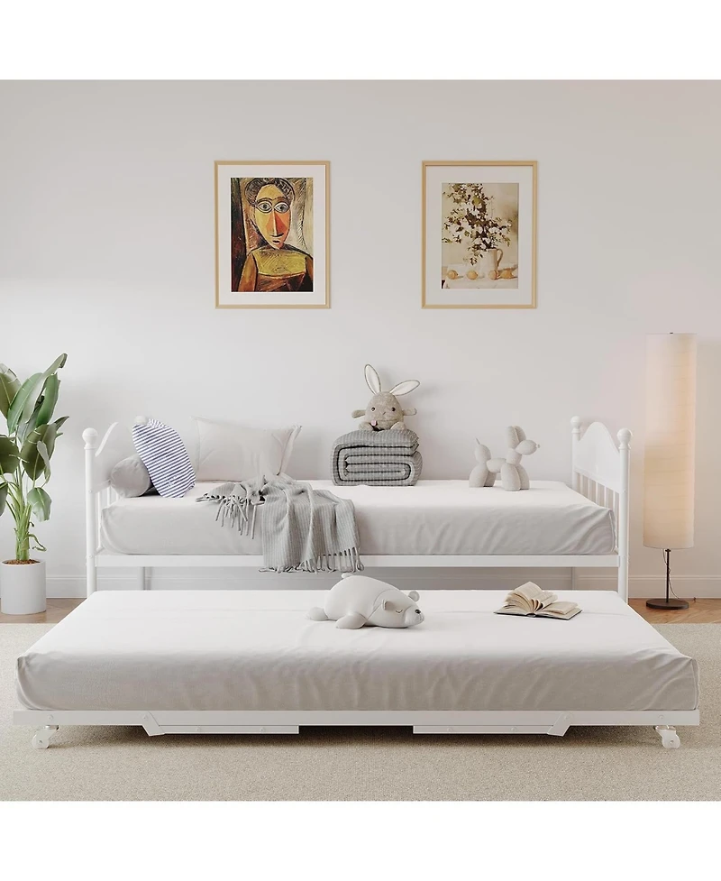 gaomon Twin Size Metal Daybed with Pop Up Foldable Trundle Stylish Headboard Sofa Bed Heavy Duty Steel Slats White