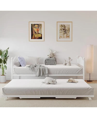 gaomon Twin Size Metal Daybed with Pop Up Foldable Trundle Stylish Headboard Sofa Bed Heavy Duty Steel Slats White