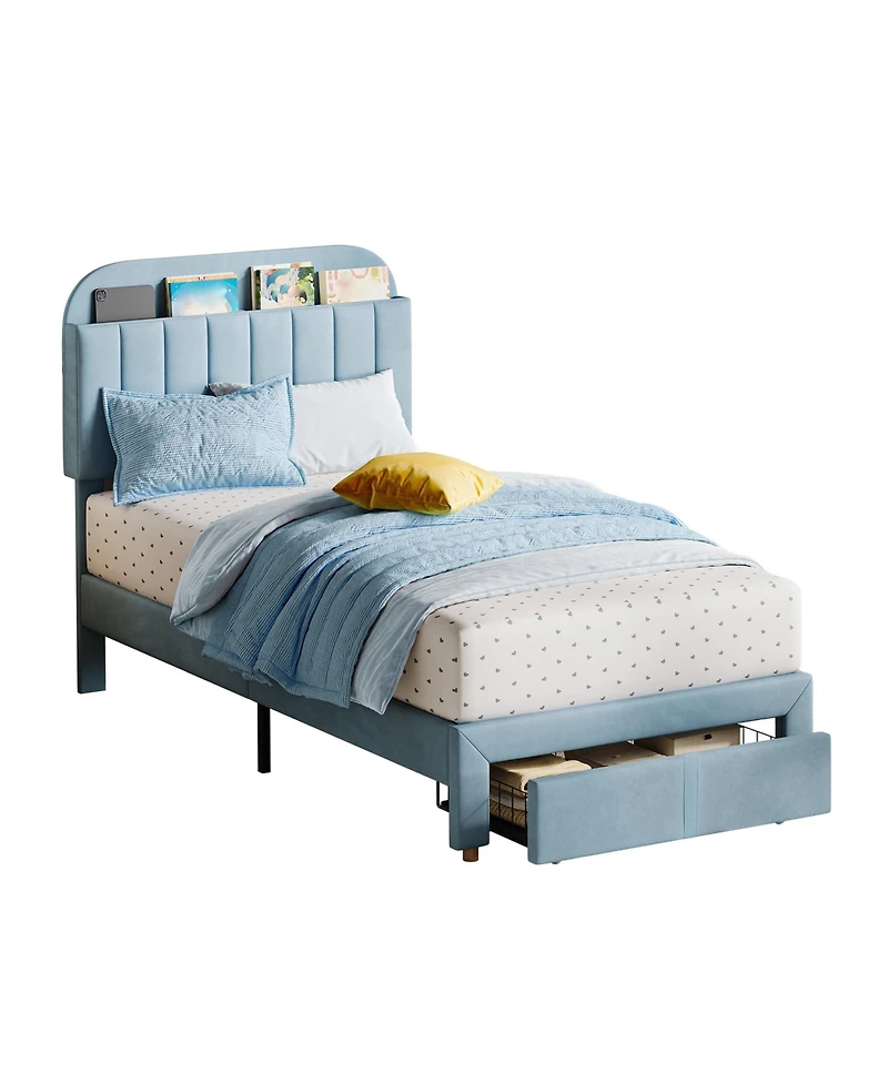 gaomon Twin Size Velvet Upholstered Bookcase Headboard with Storage Drawer Platform Bed Frame
