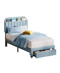 gaomon Twin Size Velvet Upholstered Bookcase Headboard with Storage Drawer Platform Bed Frame