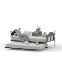 Daybed with Trundle, Metal Twin Size Day Bed with Stylish Headboard, Sofa Bed Frame with Pop Up Foldable Trundle Bed