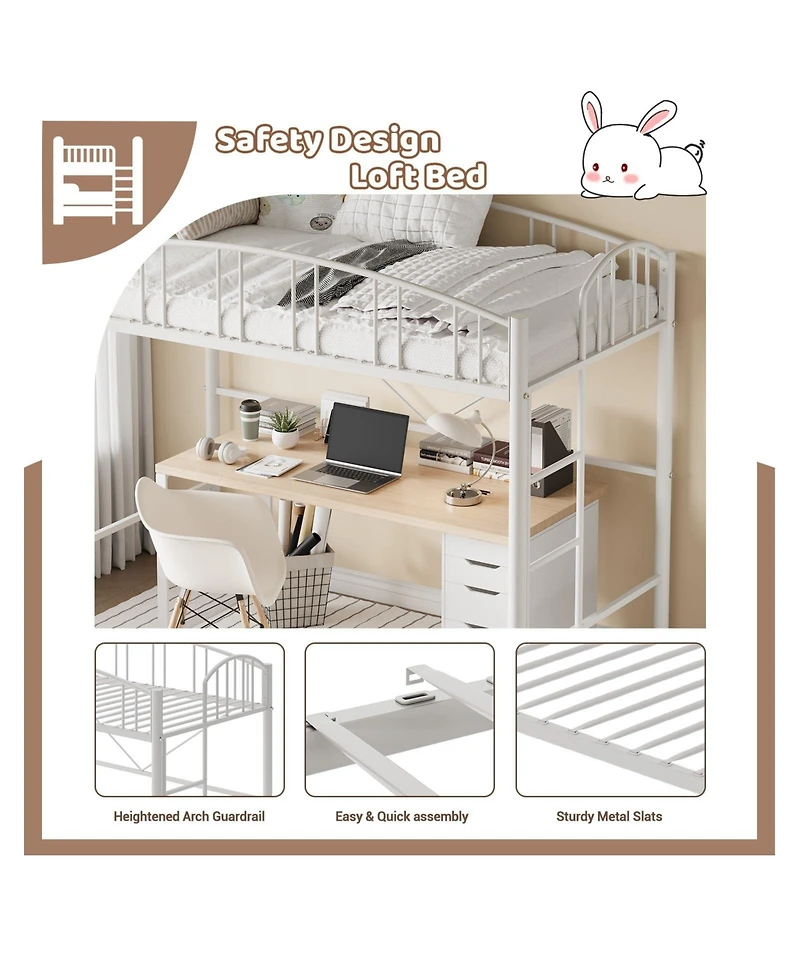 gaomon Loft Bed Twin Size, Heavy Duty Metal Loft Bed Frame with Arched Guardrail and Safety Ladder