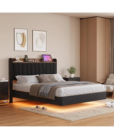 gaomon Floating Bed Frame Full with Led Lights & Usb Charging Station – Modern Upholstered Platform Bed with Headboard