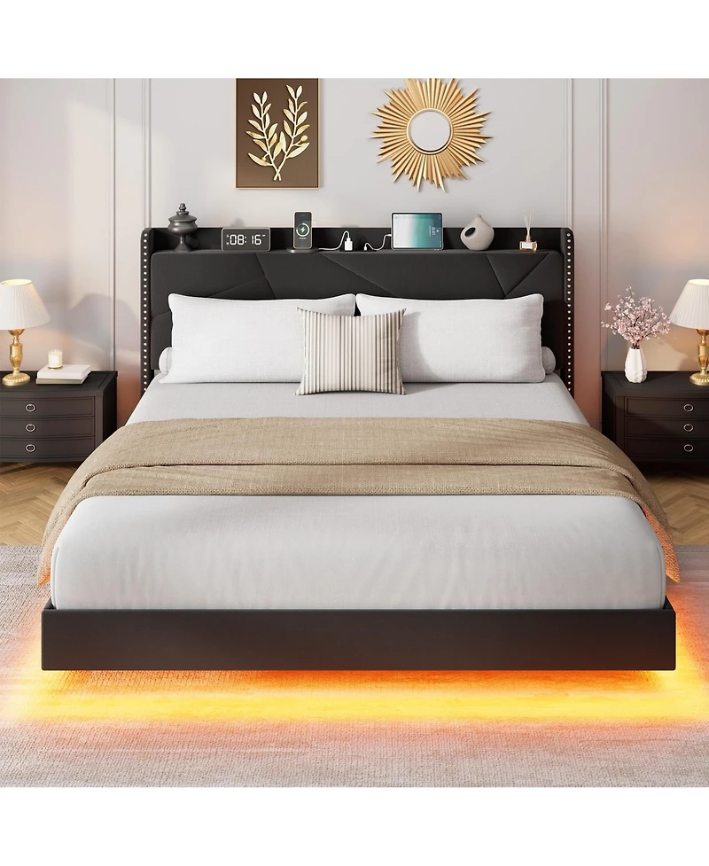 Gaomon Full Size Floating Bed Frame, Suspended Bed with Rgb Led Lights and Charging Station, Upholstered Bed Frame