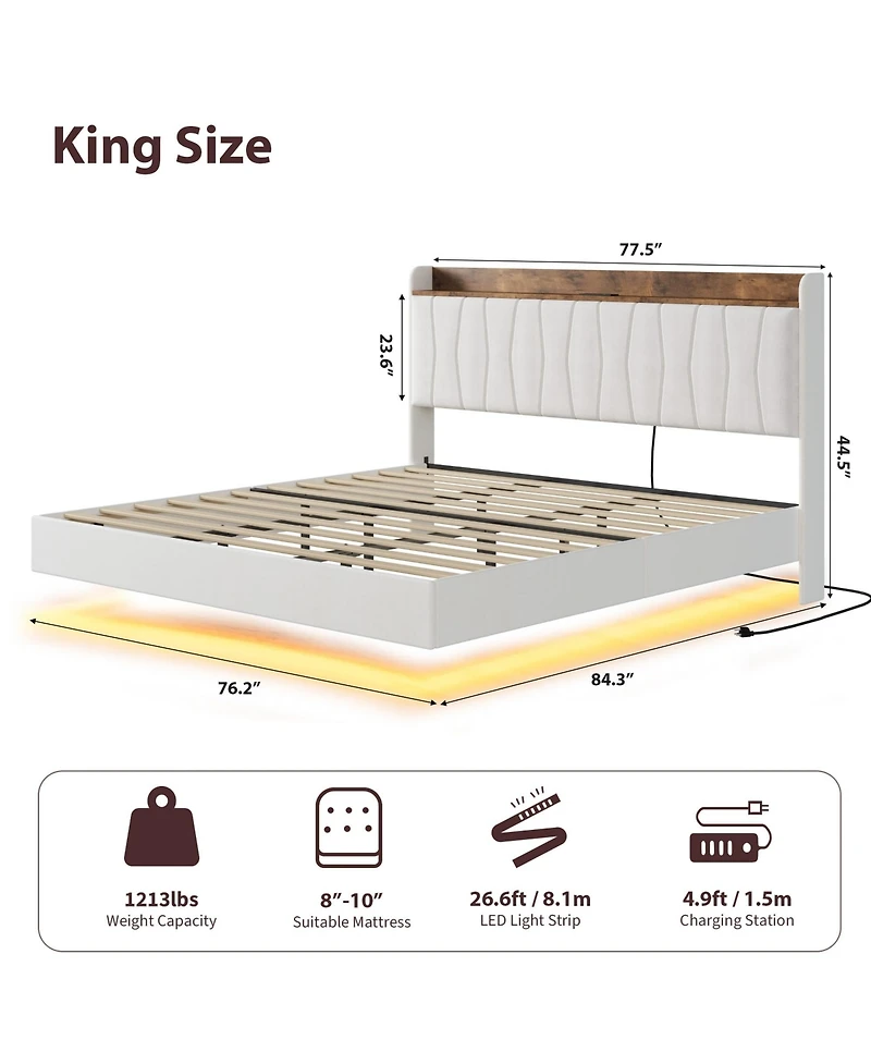 gaomon King Floating Bed Frame with Led Lights & Charging Station