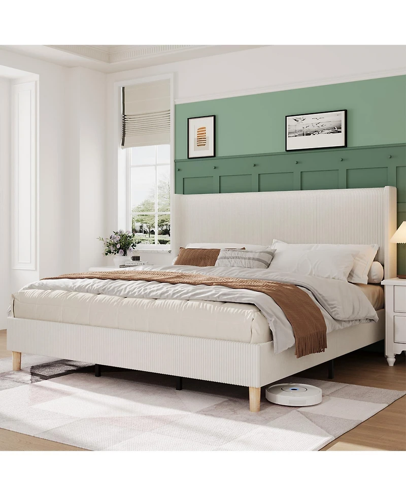 gaomon King Bed Frame, Upholstered Platform Corduroy Bed Frame with Vertical Channel Tufted Wingback Headboard