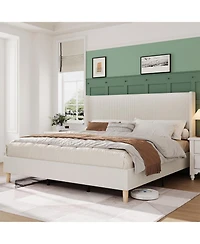 gaomon King Bed Frame, Upholstered Platform Corduroy Bed Frame with Vertical Channel Tufted Wingback Headboard