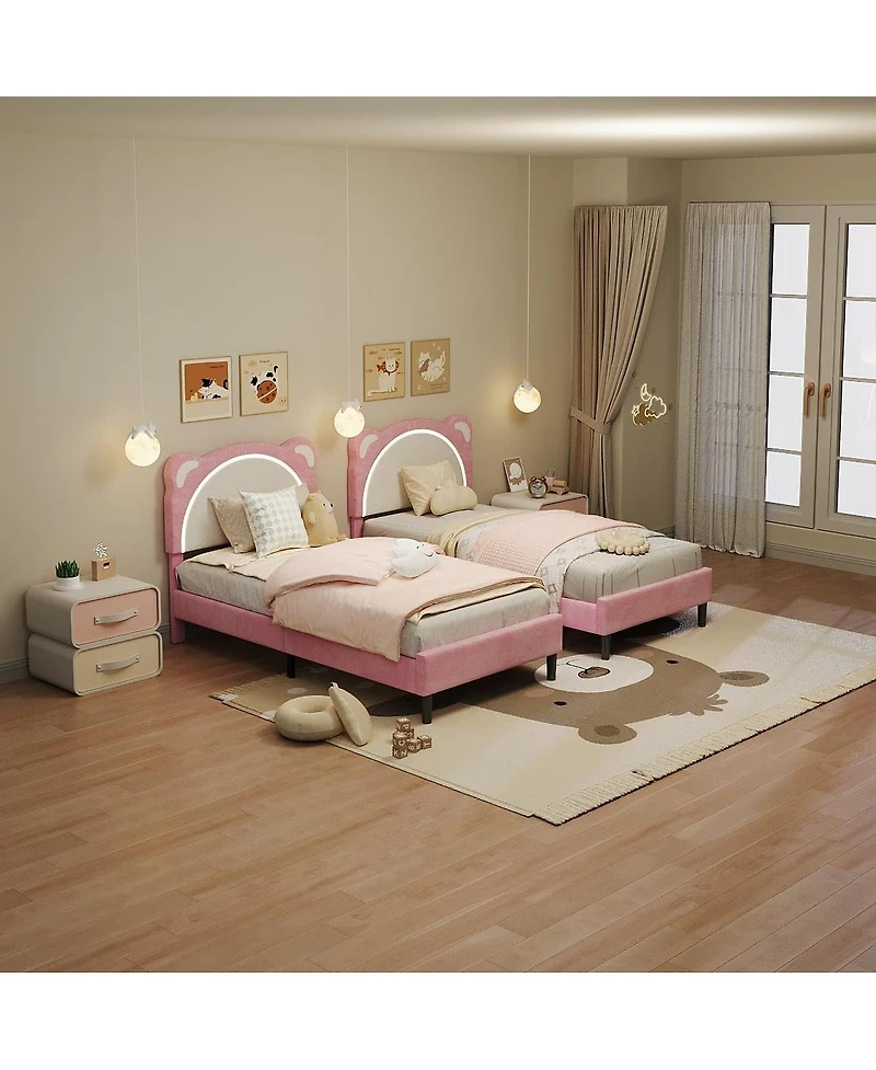 gaomon Twin Xl Kids Bed Frame, Upholstered Platform with Adjustable Headboard & Led,Wooden Slats, No Box Spring, Nursery