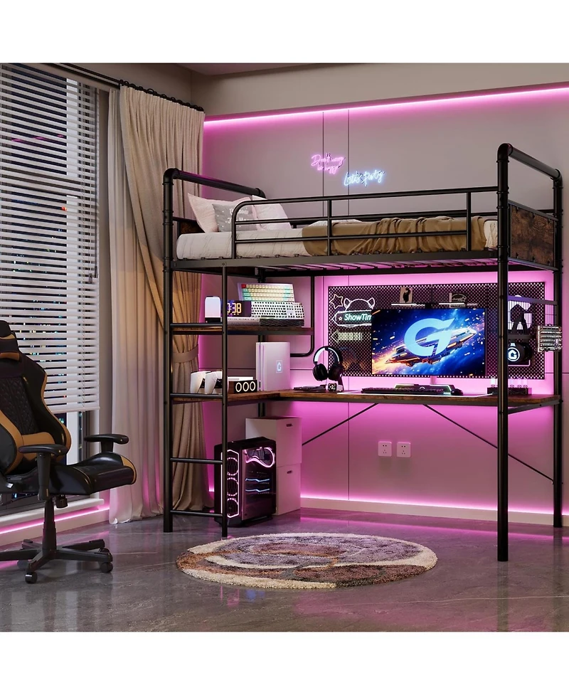 Gaomon Twin Loft Bed with L-Shaped Desk & Storage Shelf, Heavy Duty Metal Frame for Adults,Space Saving Design,Vintage Finish