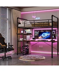 Gaomon Twin Loft Bed with L-Shaped Desk & Storage Shelf, Heavy Duty Metal Frame for Adults,Space Saving Design,Vintage Finish