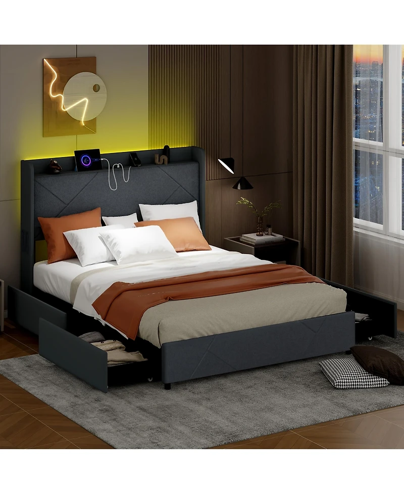 Gymax Full Bed Frame w/Led Lights Charging Station 2 Storage Pockets & 4 Drawers