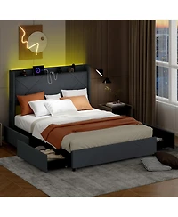 Gymax Full Bed Frame w/Led Lights Charging Station 2 Storage Pockets & 4 Drawers