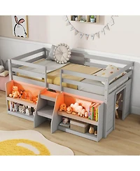 Gymax Twin Loft Bed w/ Led Lights Staircase & Safety Guardrail Under-bed Storage