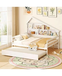 Gymax Full Size Daybed w/ Twin Size Trundle Bedside Bookshelf & Headboard