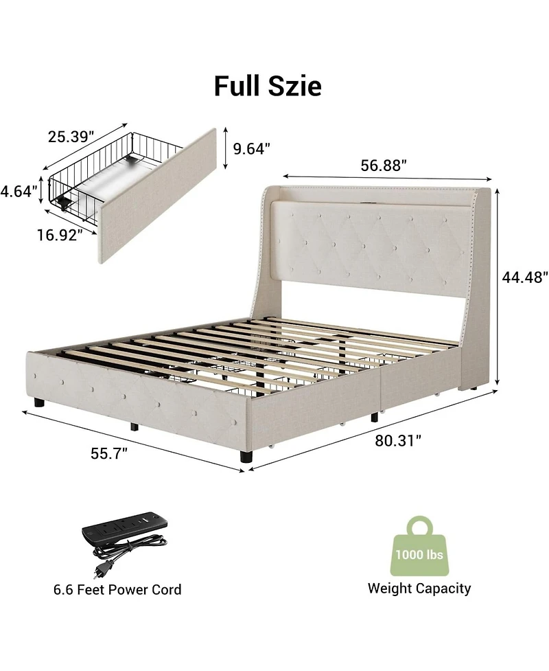 gaomon Upholstered Bed Frame with 4 Storage Drawers, Headboard and Storage, Platform Bed Frame with Charging Station & Wingback, No Box Spring Needed